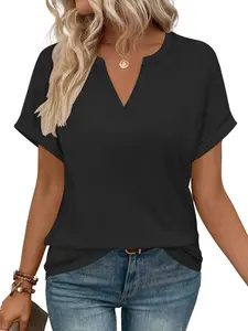 Women Casual Loungewear T-Shirt, Notch V-Neck, Rolled Cuff, Short Sleeve, Relaxed Fit, Soft Breathable Fabric, Homewear Sleepwear Top