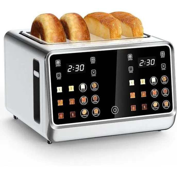 Dear Morning 4-Slice Digital Smart Stainless Steel Toaster - Touchscreen Dual Control Panel, Single Slot Timer, Reheat/Defrost Functions for Bagels/Bread, 120v 900w Power Durable Kitchen Household Appliance Essential