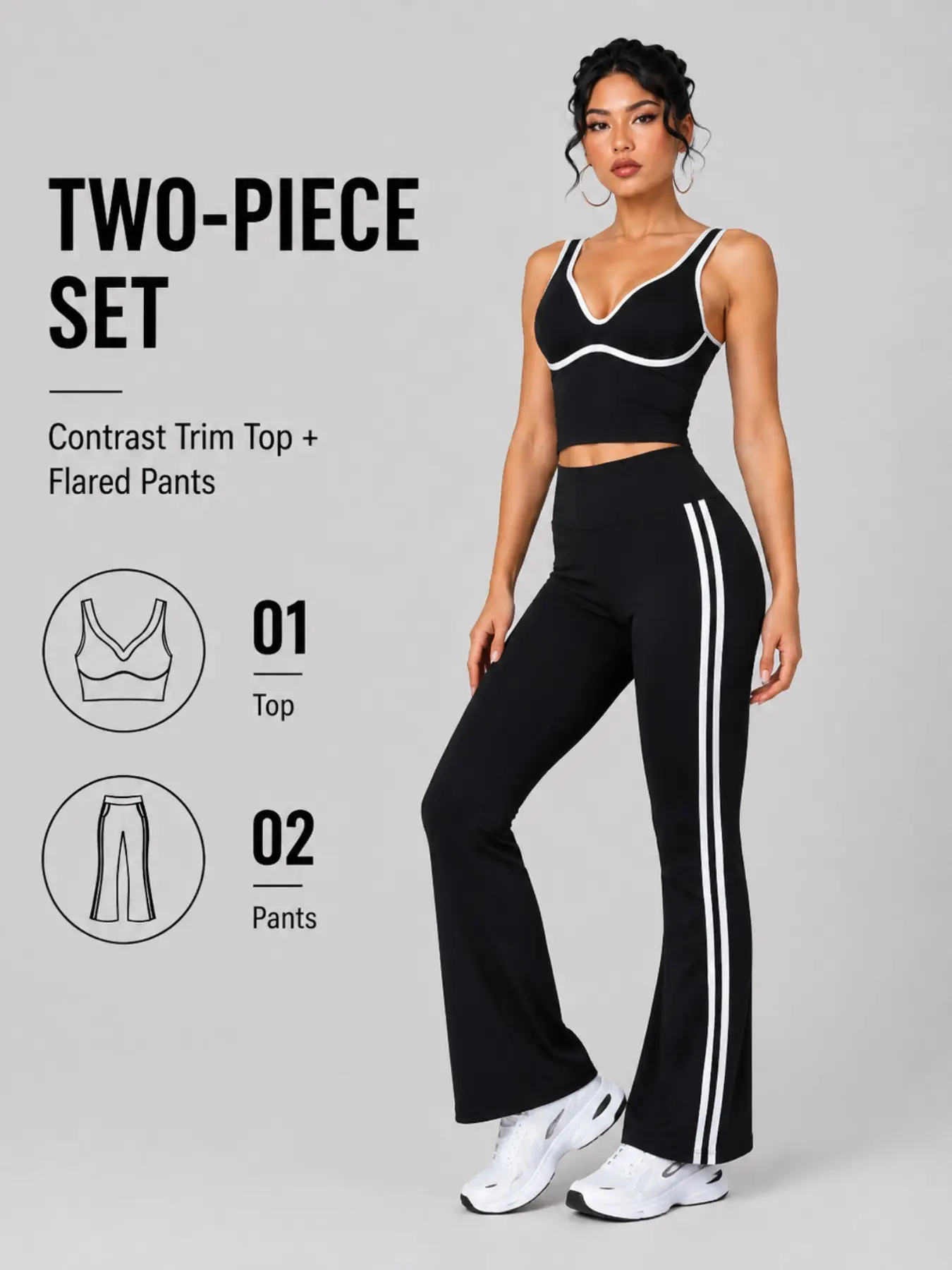 Fashionable black and white contrast short sports vest with side white stripes and slightly flared yoga pants two-piece set for yoga, Pilates, running, fitness, light workouts, commuting, and casual outfits
