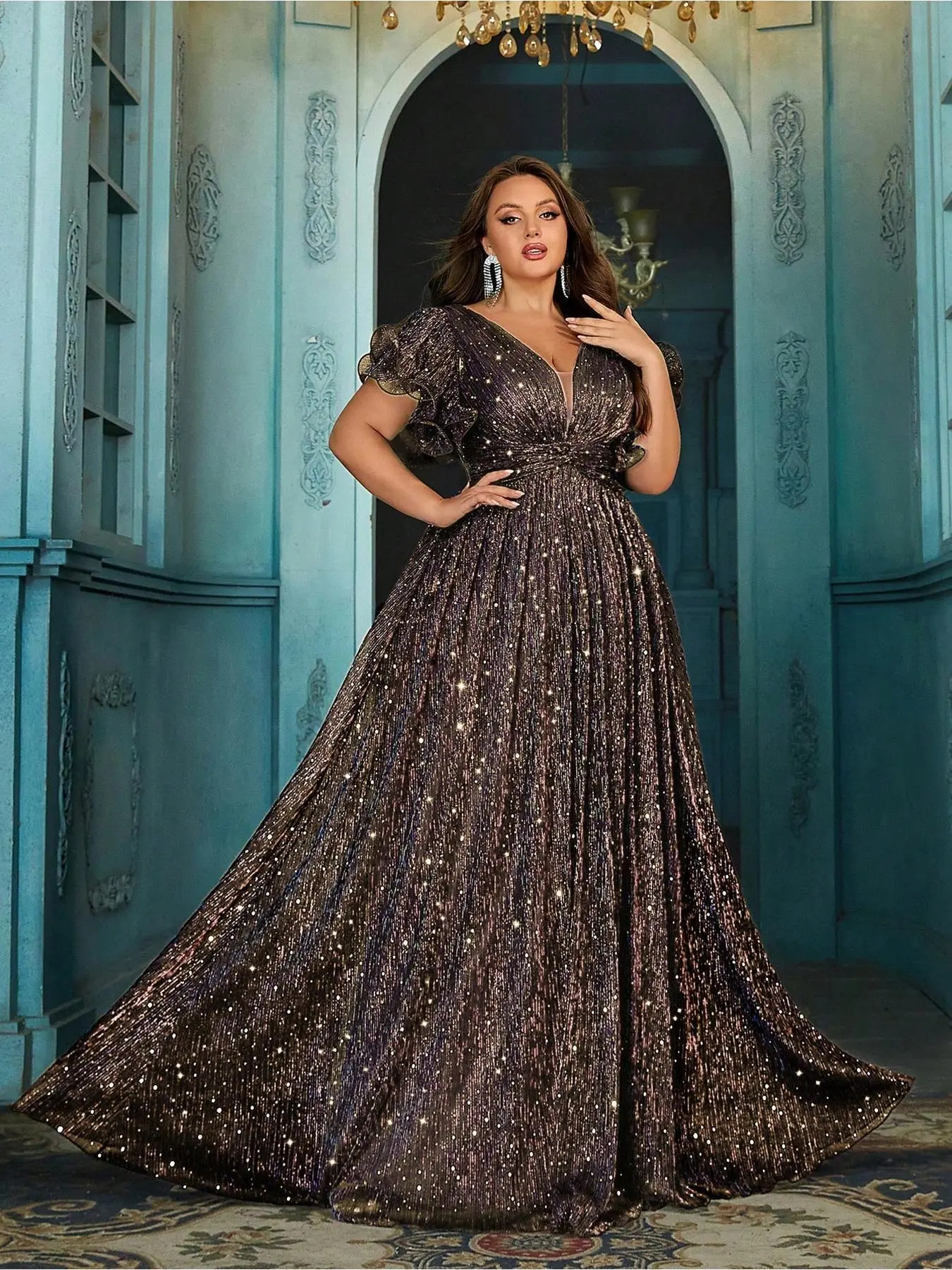 Women's Sequin Patchwork Sparkling Formal Dress, Plus-size Deep V-neck Ruffle Short Sleeve Evening Gown, A-line Hem Prom Party Dress, Purple Wedding Guest Dress, Bridesmaid Dress, Festive Date Dress, Gala Dress, Evening Event Clothing