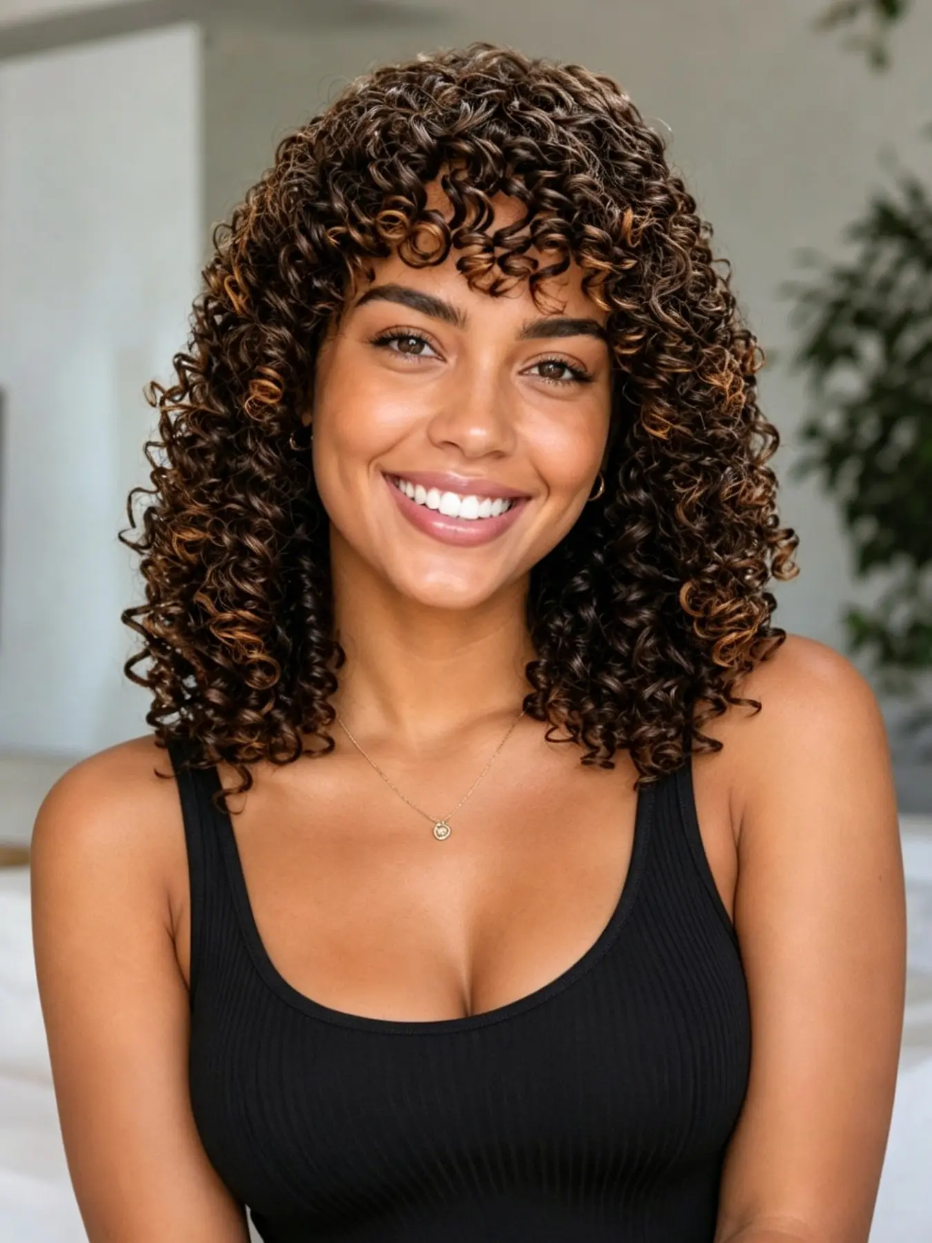 Short Curly Synthetic Wig Highlight with Bangs, Soft Natural Looking Glueless Wig for Women, Easy to Wear Hairpiece