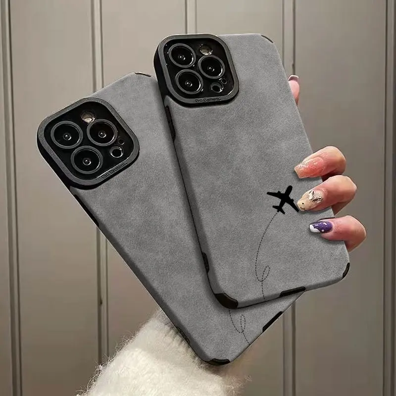 Airline Theme Phone Case - Grey Faux Suede Leather, Soft TPU, Shockproof Minimalist Doodle Line Print Cover for iPhone 17,16,15,14,13,12,11,XS Max for Travel Enthusiasts