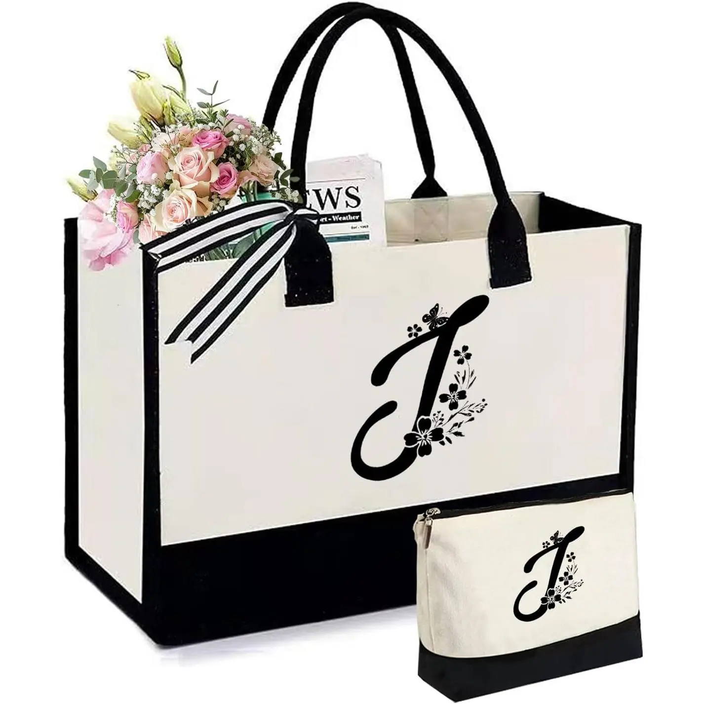 Personalized Gifts for Women - Initial Canvas Tote Beach Bag & Makeup Bag,  bags for Christmas, Birthday, Holiday, Wedding, Monogram Birthday Gifts for Women, Wife, , sisters, Mom (J)