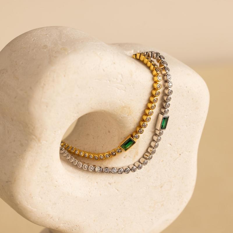 Emerald Baguette Tennis Bracelet by Caitlyn Minimalist - Vintage Emerald & Diamond Eternity Bracelet in Gold - Statement Bezel Gemstone Bracelet - Anniversary Gift for Her.