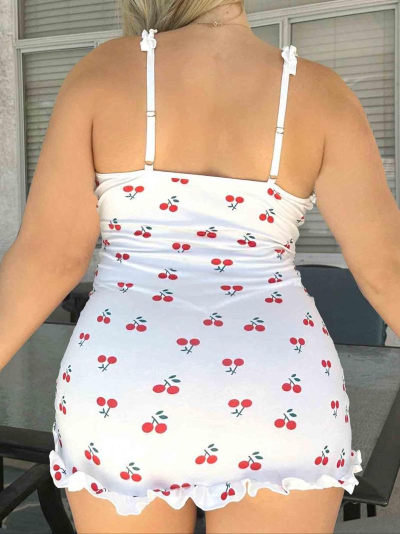 【Plus Size】Cherry Print Nightdress, Casual Soft Cute Comfortable Sleeveless Spaghetti Strap Nightgown for Women, Women's Sleepwear for Summer, Sleepwear Dresses, Womenswear