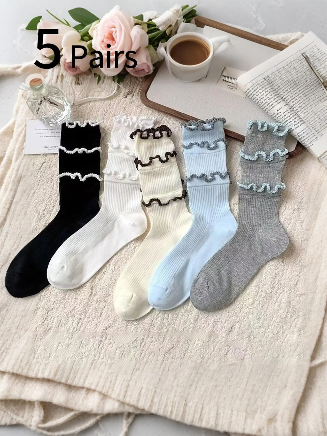5 Pairs Cute Girl Socks, Three-Layered Mushroom Trim, Soft Breathable Mid-Calf, Ballet Style, Perfect for School and Daily Wear