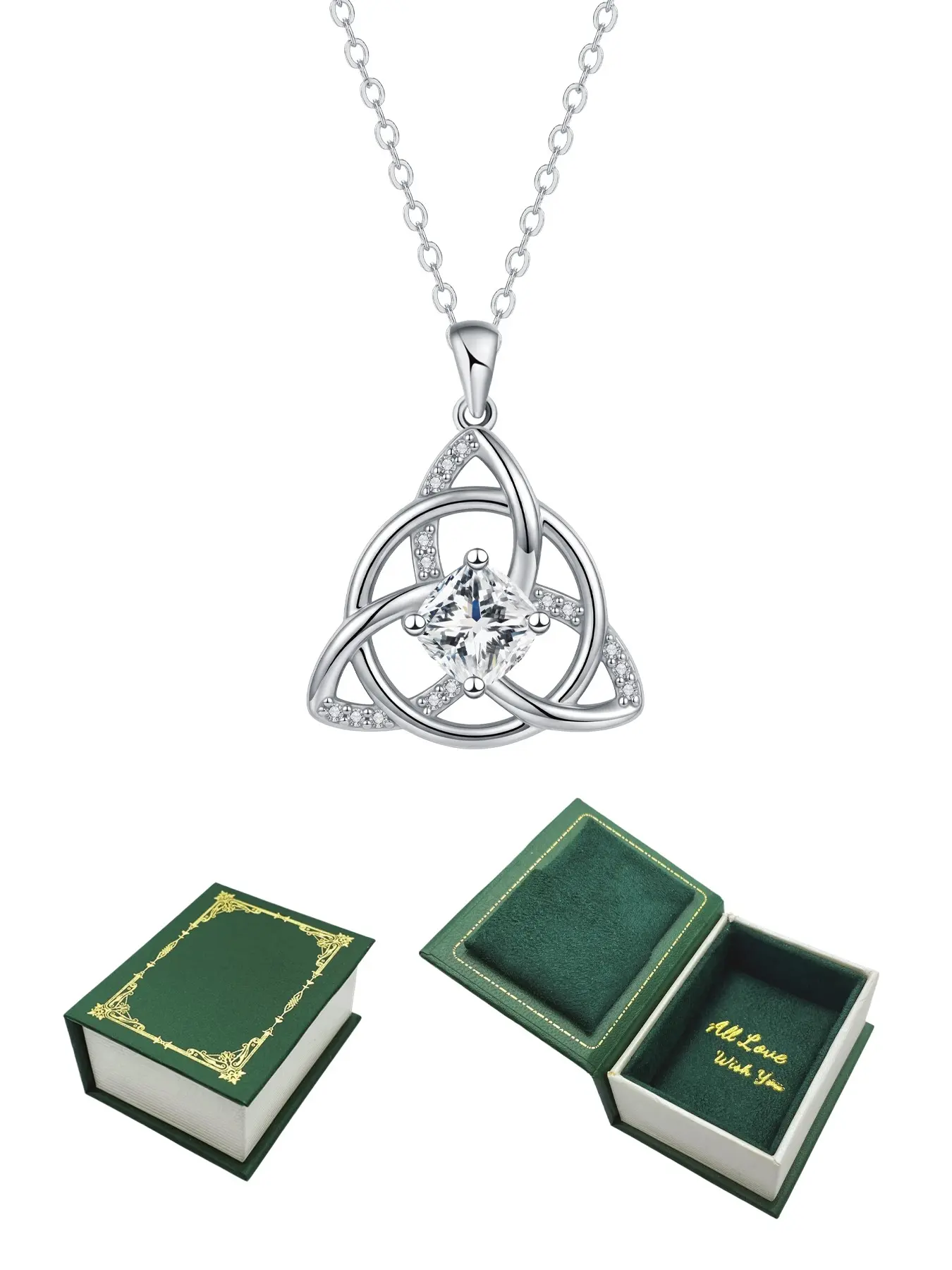 Vintage Celtic Trinity Knot Witch Knot Necklace With Magic Book Jewelry Box, Triquetra Wicca Pagan Talisman Jewelry Gift for Women