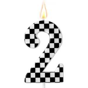 Racing Cars Themed Number 2 Birthday Candle Checkered Flag Black White Number Candles Happy Birthday Cake Topper Party Decorations for Boys Racing Theme Party Supplies