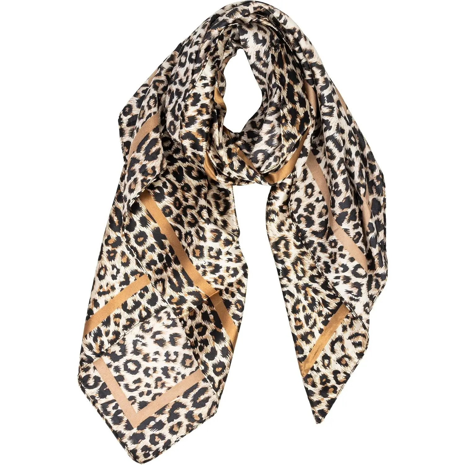 Leopard Print Square Scarf, Light Khaki Satin Silk Feeling Bandana, Women’s Stylish  &  Scarf