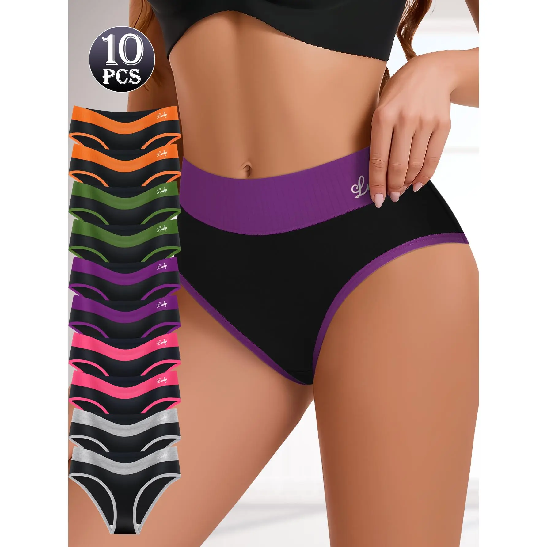 QUASTI 10 Pack Mid Rise Butt Lifting Women's Panties, Color Block Soft Stretchy Breathable No Show Daily Underwear, Full Coverage Elegent Fashionable Soft Briefs, S-XXL