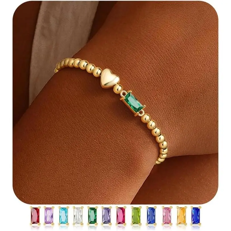 Birthstone Bracelets for Women, Birthday  Gifts for Girls | Dainty Green  Birthstone, 14K  Plated Heart Beaded Bracelets, Personalized Birthday Gifts for Women Trendy