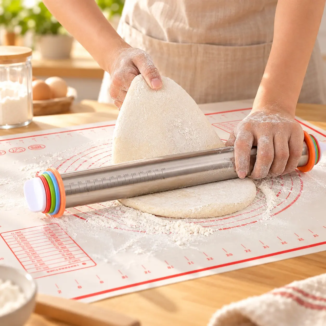 1 Set Stainless Steel Adjustable Rolling Pin, Dough Roller with Thickness Marking, Kitchen Baking Gadget, Baking Tools