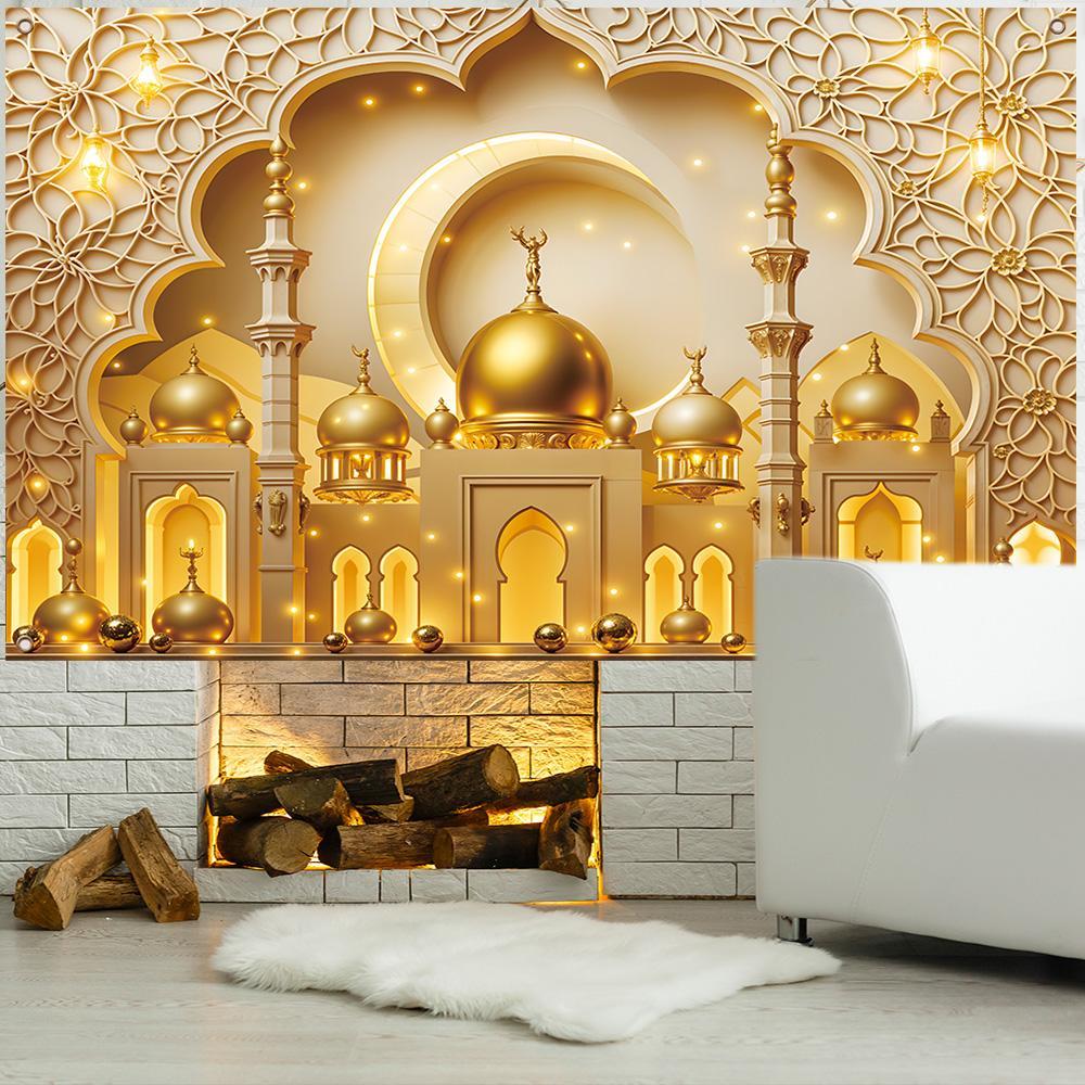 Ramadan Theme Backdrop, 1 Count Exquisite Mosque & Moon Pattern Backdrop, Decorative Banner for Home Party Wedding Festival