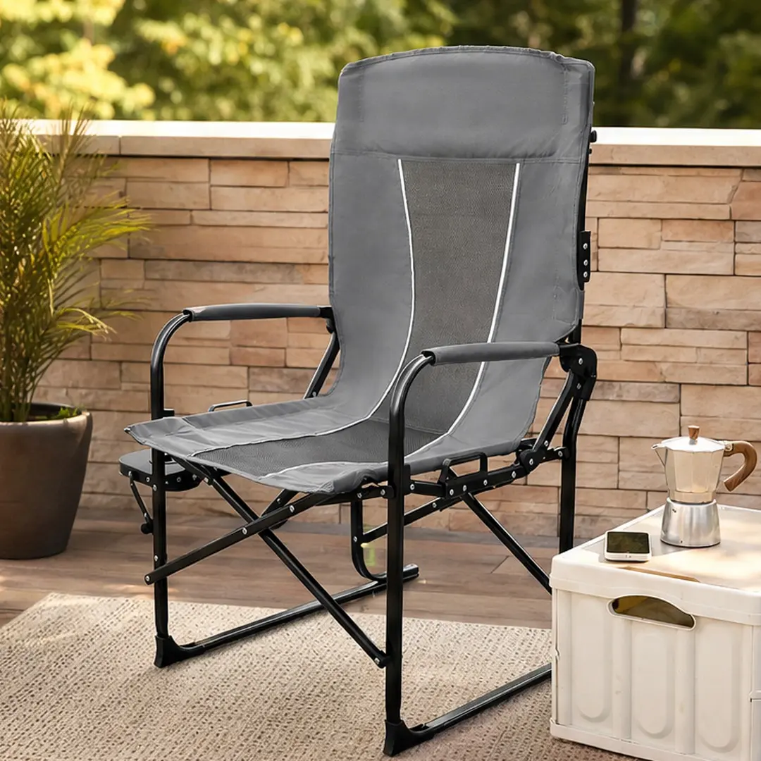Premium Directors Chair, Oversized Heavy-Duty Folding Lawn Chair with Side Table for Outdoor Camping, Beach, and Picnics, Gray, Folding Lawn Chairs, Outdoor Picnic Chair