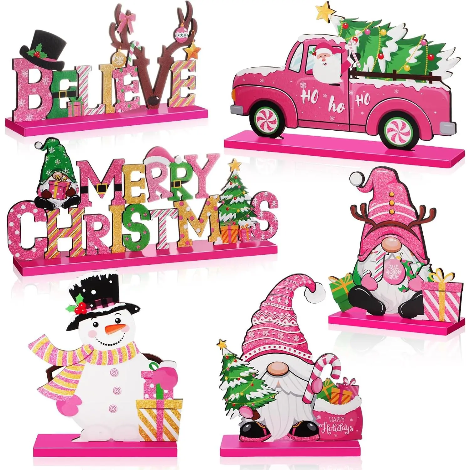 6 count Christmas Table Decorations Wooden Christmas Table Centerpieces Xmas Snowman Santa Claus  Signs Merry Xmas Toppers for Holiday Party Supplies(, White)