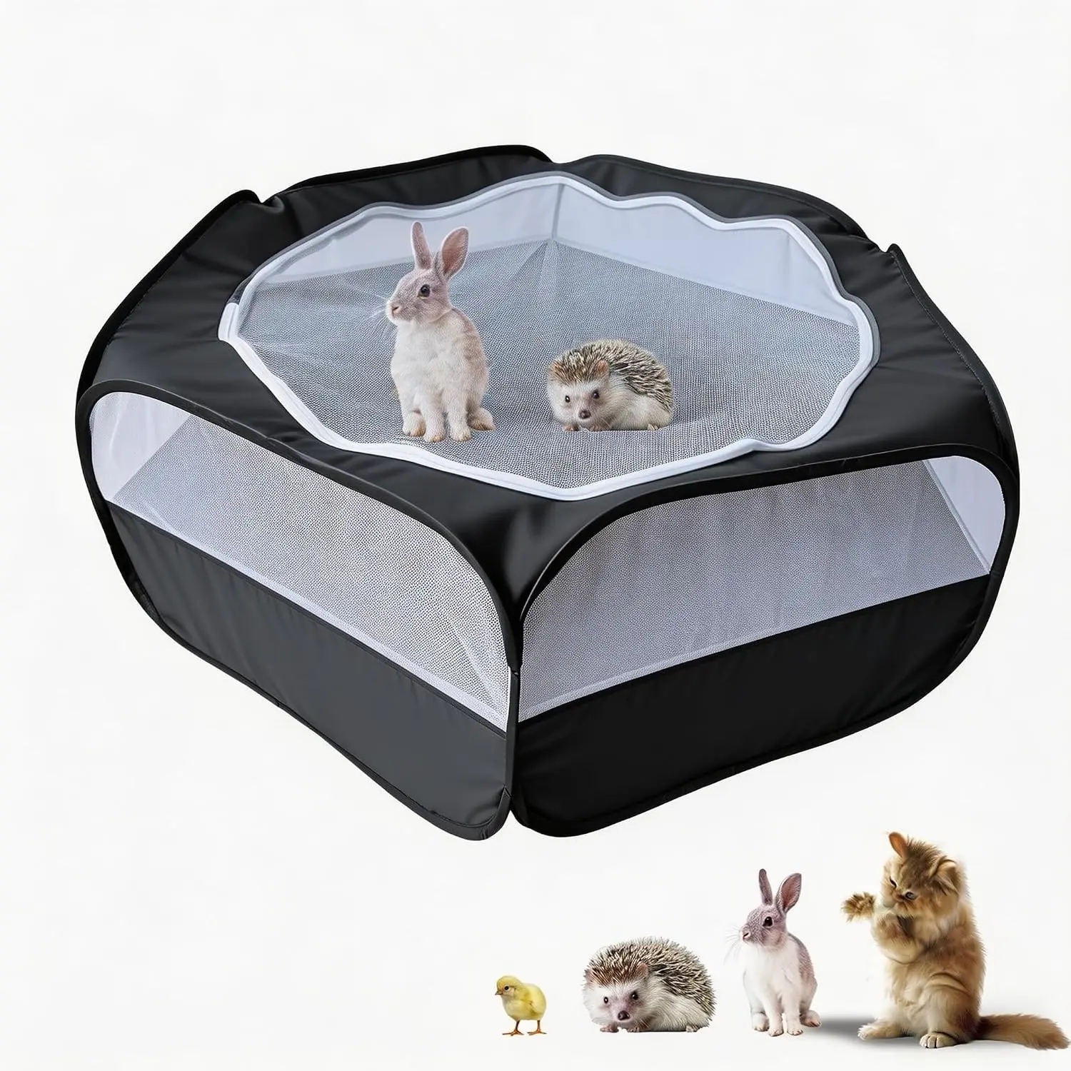 Small Animal Playpen with Zippered Mesh Cover Portable Foldable Chicken Brooder Box Indoor Outdoor Enclosure for Guinea Pigs Bunny Rabbits Ferrets Chinchillas Kittens Black