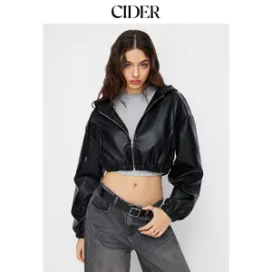 Cider Faux Leather Hooded Drawstring Zip Through Crop Jacket Dealsforyou