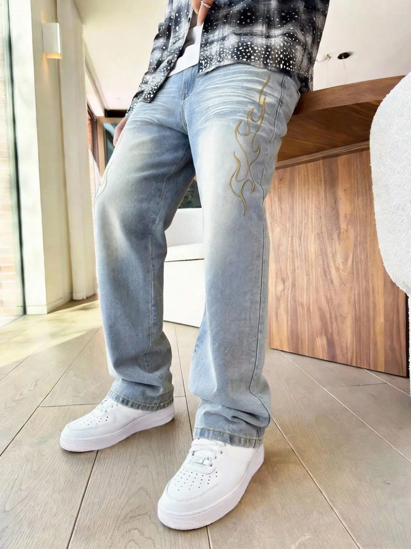 🔥 Viral Flame-Embroidered Baggy Denim Jeans! 🎁 Retro Trendy Embroidered Loose Jeans | Y2K Non-Stretch High-Street American Style Must-Have for Trendy Guys | TikTok Hit All-Purpose Jeans