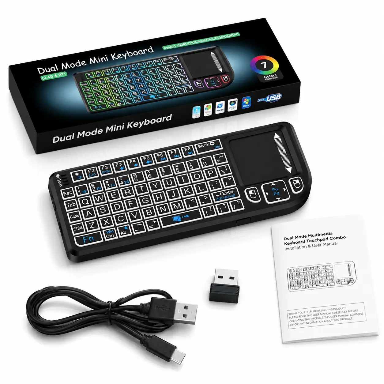 Dual Mode Mini Wireless Keyboard with Touchpad Bluetooth & 2.4G Handheld Keyboard Mouse Combo Type-C Rechargeable Portable Remote Control with Red Laser Pointer for PC Smart TV Phone Tablet Projector Presentation
