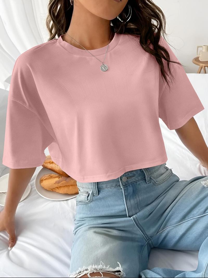 Women's Plain Ribbed Curved Hem Crop Tee, Casual Half Sleeve Round Neck T-shirt for Summer, Ladies Clothes for Daily Wear