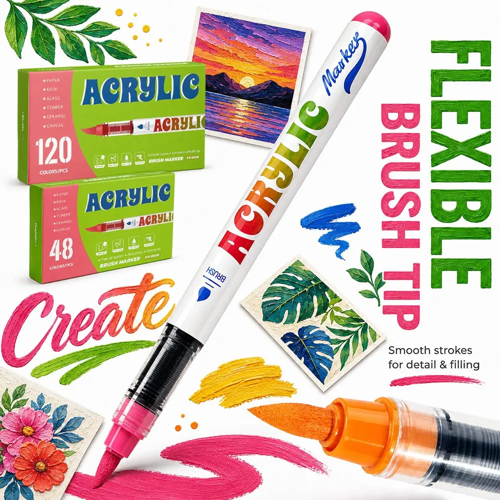 12-120 Color Liquid Marker Set, Soft Tip Paint Pens, Ideal for Rock Art, Calligraphy, DIY Crafts, Perfect Gift for Students and Office Use