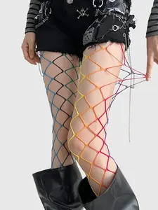 Rainbow Fishnet Stocking Leggings, Ditsy Floral Pattern, Fitted Design, All-Season Wear, Colorful Net Socks, Elegant Style