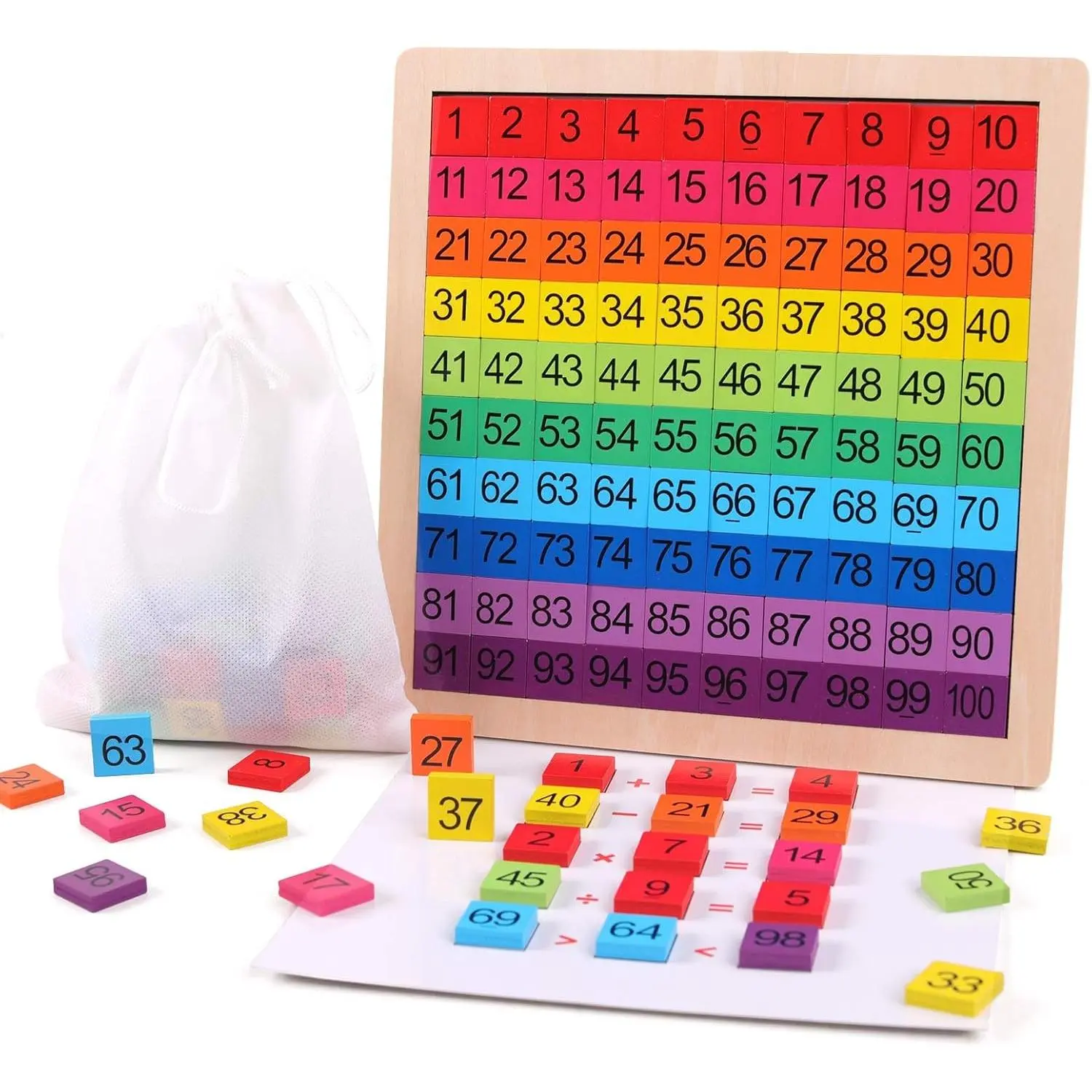 Wooden Montessori Math Counting Hundred Board Toys, 1-100 Consecutive Numbers Learning & Educational Game Toy for Kids Toddlers 3 Year Old with Storage Bag