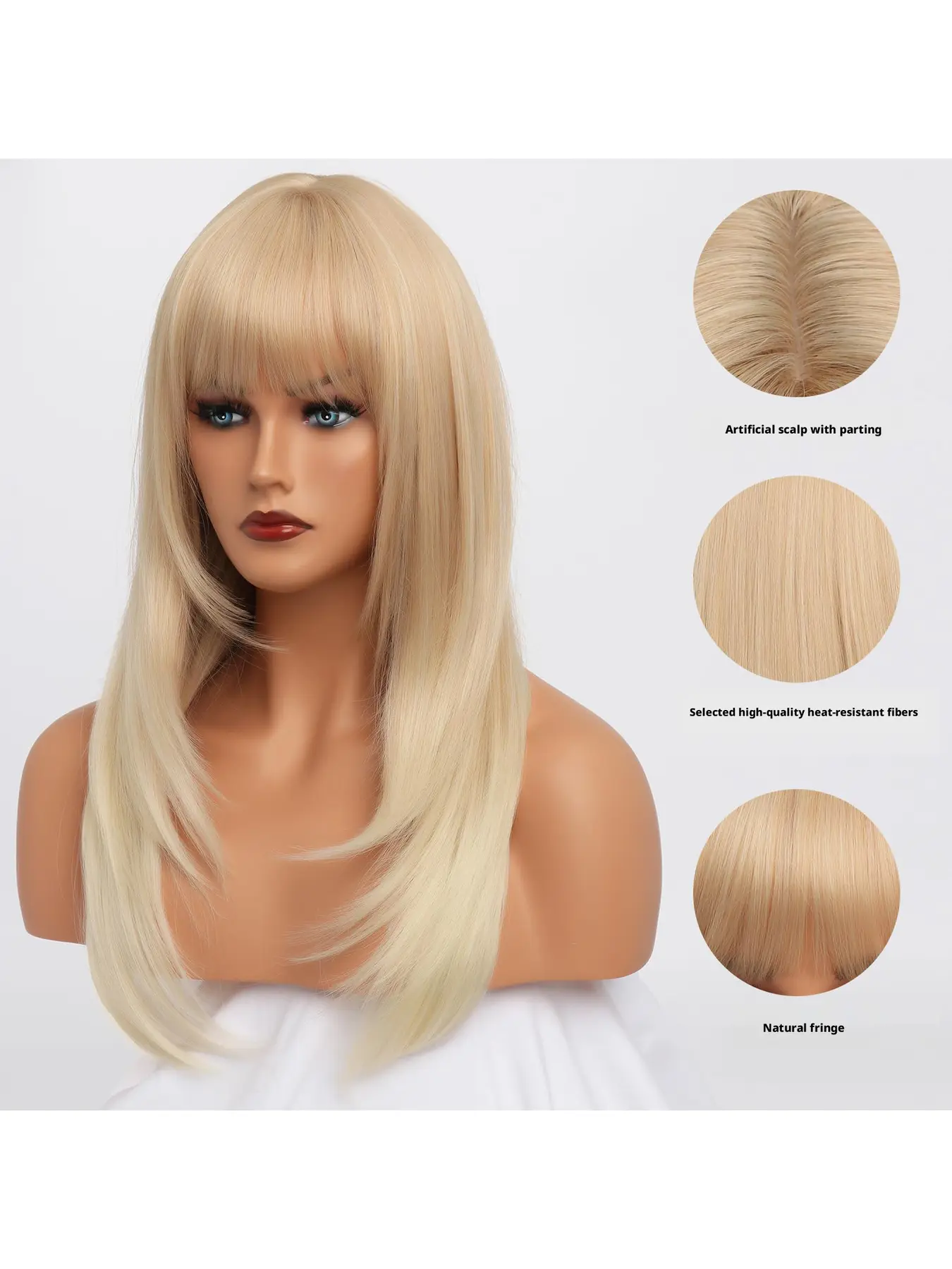 European American Long Straight Layered Full Lace Wig For Women Natural Hair With Bangs Casual Chic Style Everyday