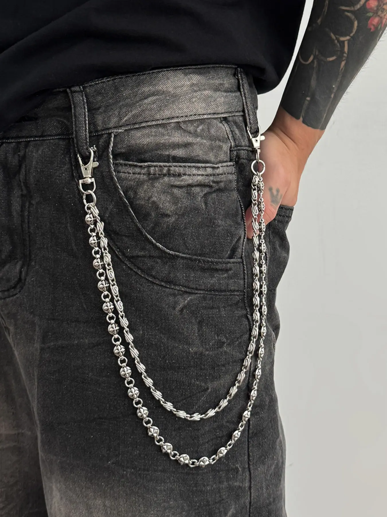Men's trouser chains, women's trouser chains, floral cross trouser chains, for pairing with punk pants, pocket belt keychains, hip-hop rock style, denim chain