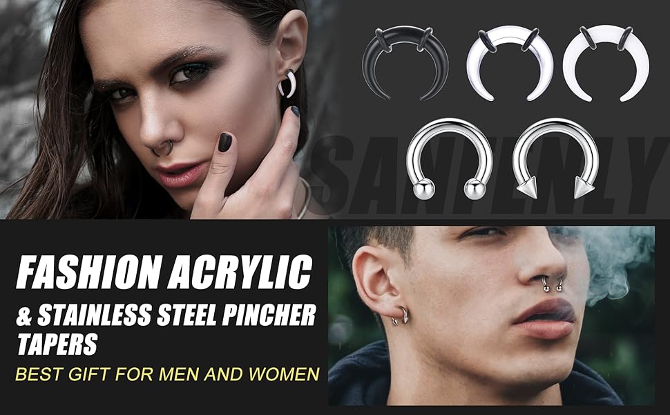 Sanfenly Septum Stretcher Set - Stainless Steel Acrylic Tapers & Pinchers - 14G-6G - Gauge & Ring Kit  Nose Stud Piercing Jewelry L Shaped Screw