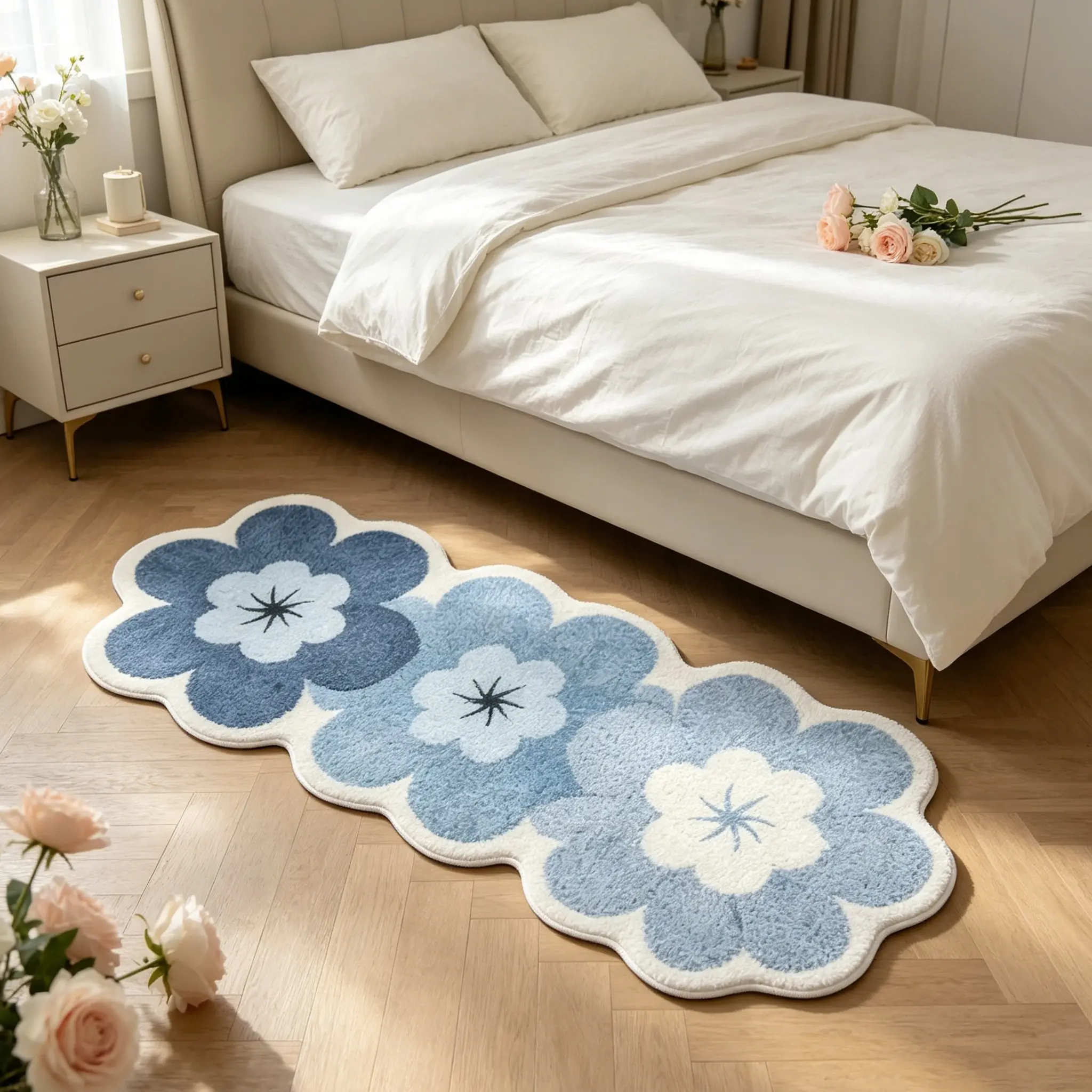 Blue Three-Petal Flower Bedside Rug, Soft Comfortable Unusual Shape Carpet, Hand Wash Only, Ideal for Living Room Bedroom Decor, Floral Rug