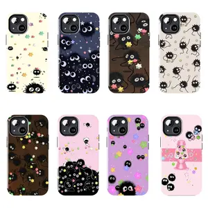 Spirited Away anime phone case, drop-proof and scratch-resistant soft case, cute black soot ball, colorful stars, Studio Ghibli print stylish phone case, compatible with iPhone 11–17 Pro Max/Plus series and Samsung Galaxy S23–S25 series, the perfect birth