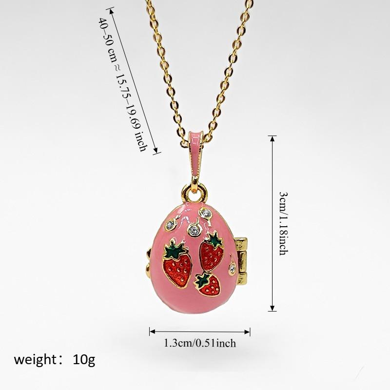 Surprise Butterfly Locket Necklace, Pink Enamel Cherry Egg Pendant, Openable Jewelry with Secret Charm, Gold Tone Cottagecore Aesthetic, Unique Gift for Her