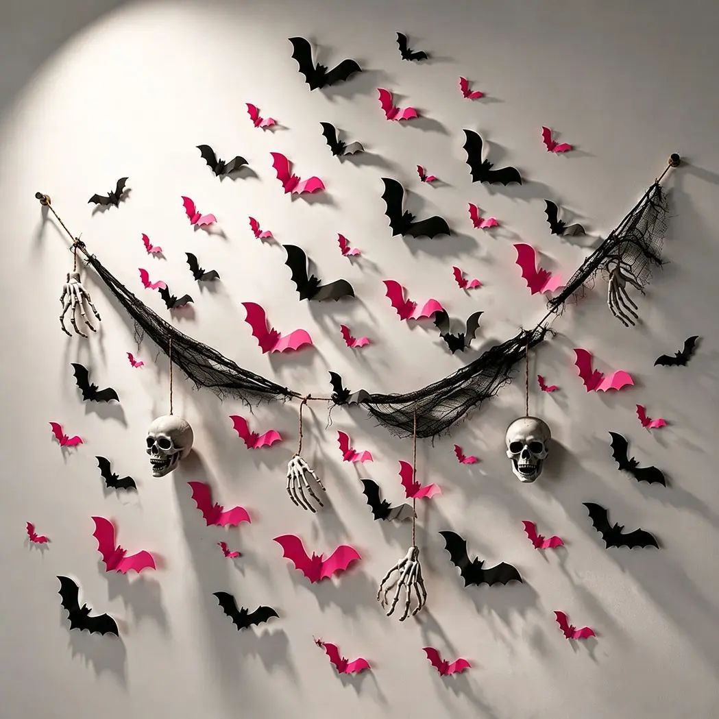 Halloween horror decoration set, skull hand bone hanging ornaments, 48pcs pink & black bat wall stickers, perfect for indoor and outdoor yard, trees, and porch Halloween party decoration