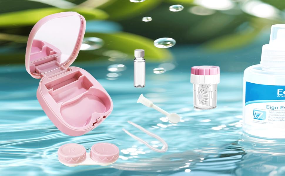 Contact Lens Case Kit with Cleaner Washer, Contact Lenses Applicator Removal Tool Kit with Mirror Solution Bottle for Daily and Outdoor Use(Pink)