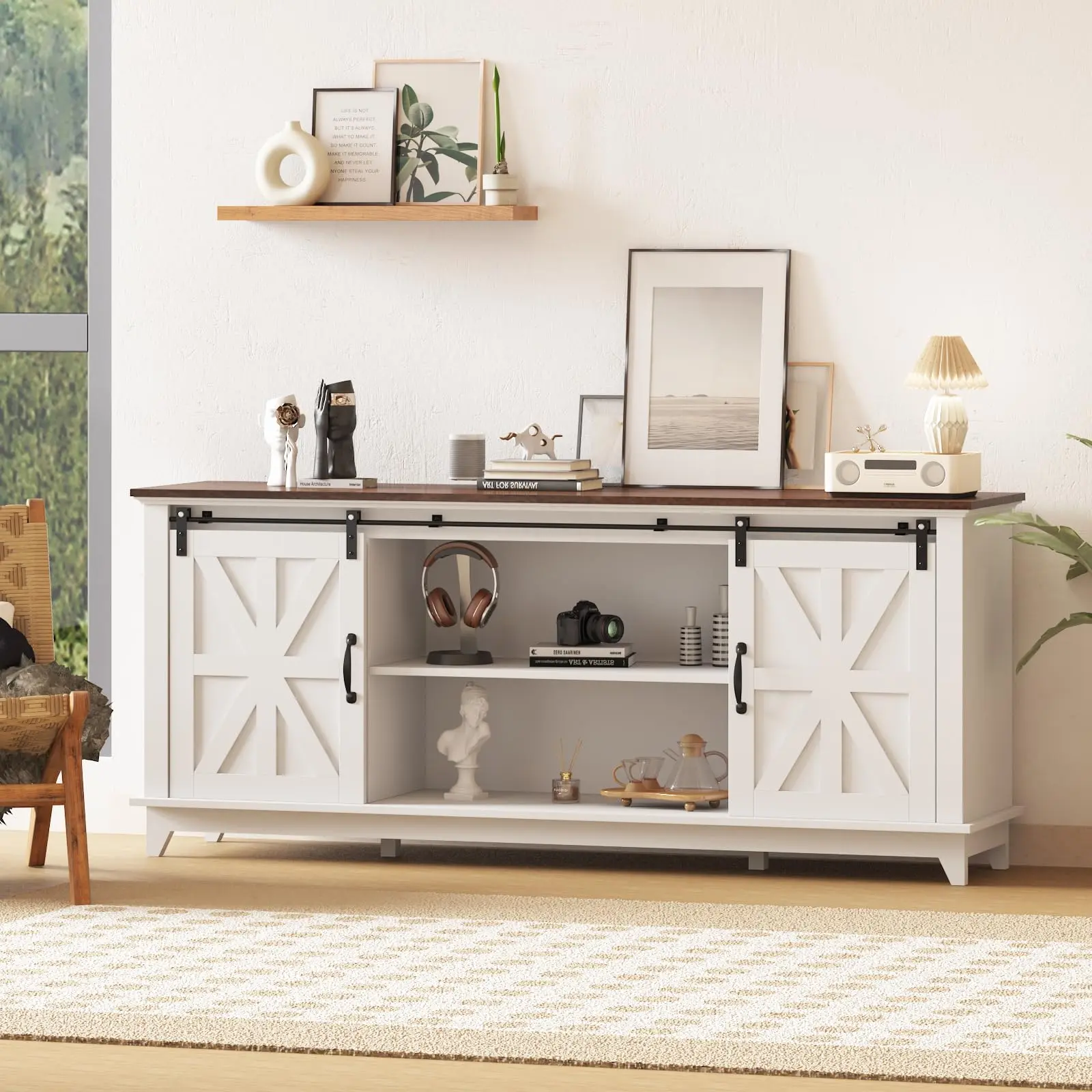 Farmhouse TV Stand for Televisions up to 65" 70" 75", 66" Entertainment Center, Sliding Barn Doors, Storage Cabinets, Rustic Media Console Table for Living Room
