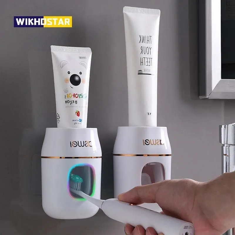 WIKHOSTAR Plastic Bathroom Accessories Set - Wall-mounted Automatic Toothpaste Dispenser, Toothpaste Squeezer, Dust-proof Toothbrush Holder