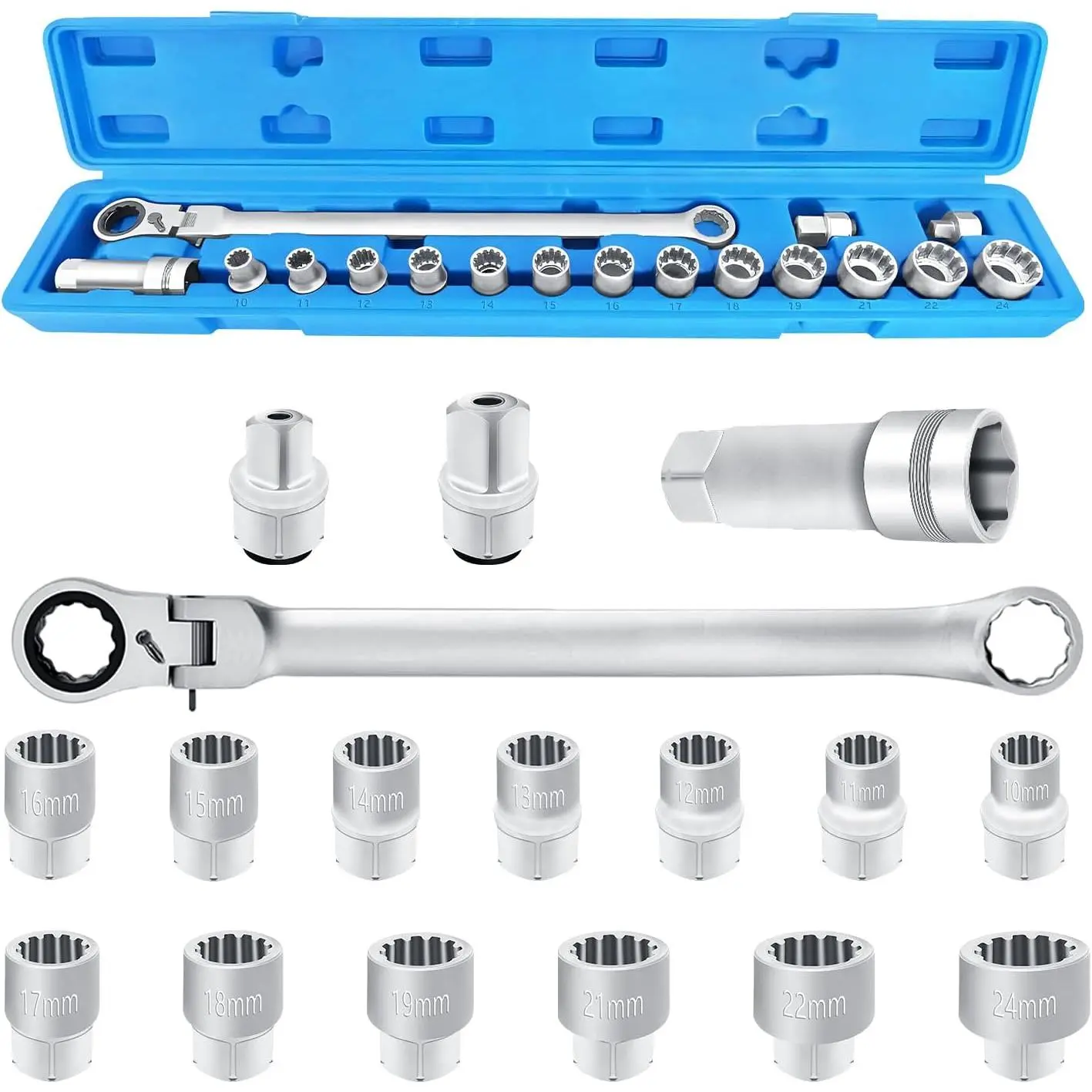 17 count Extra Long Flex- Ratcheting Wrench Set, 180  Flex , 10-24mm  Heads, Double Box End Wrench Set, 72  for Garages, Repair Shops, and DIY,  Spline