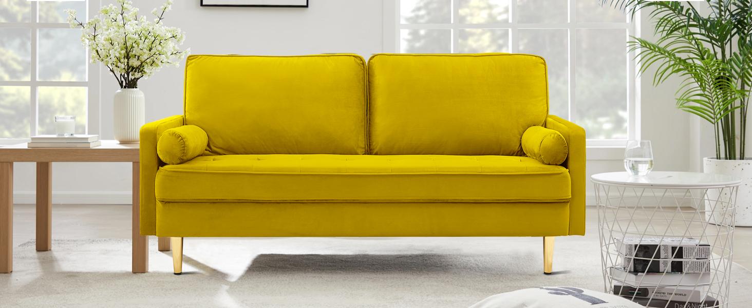 SZLIZCCC 67 Inch Modern Velvet Loveseat Sofa with Tufted Upholstered Back - Mid-Century Compact Design for Small Spaces Living Room&Bedroom (Yellow)​​