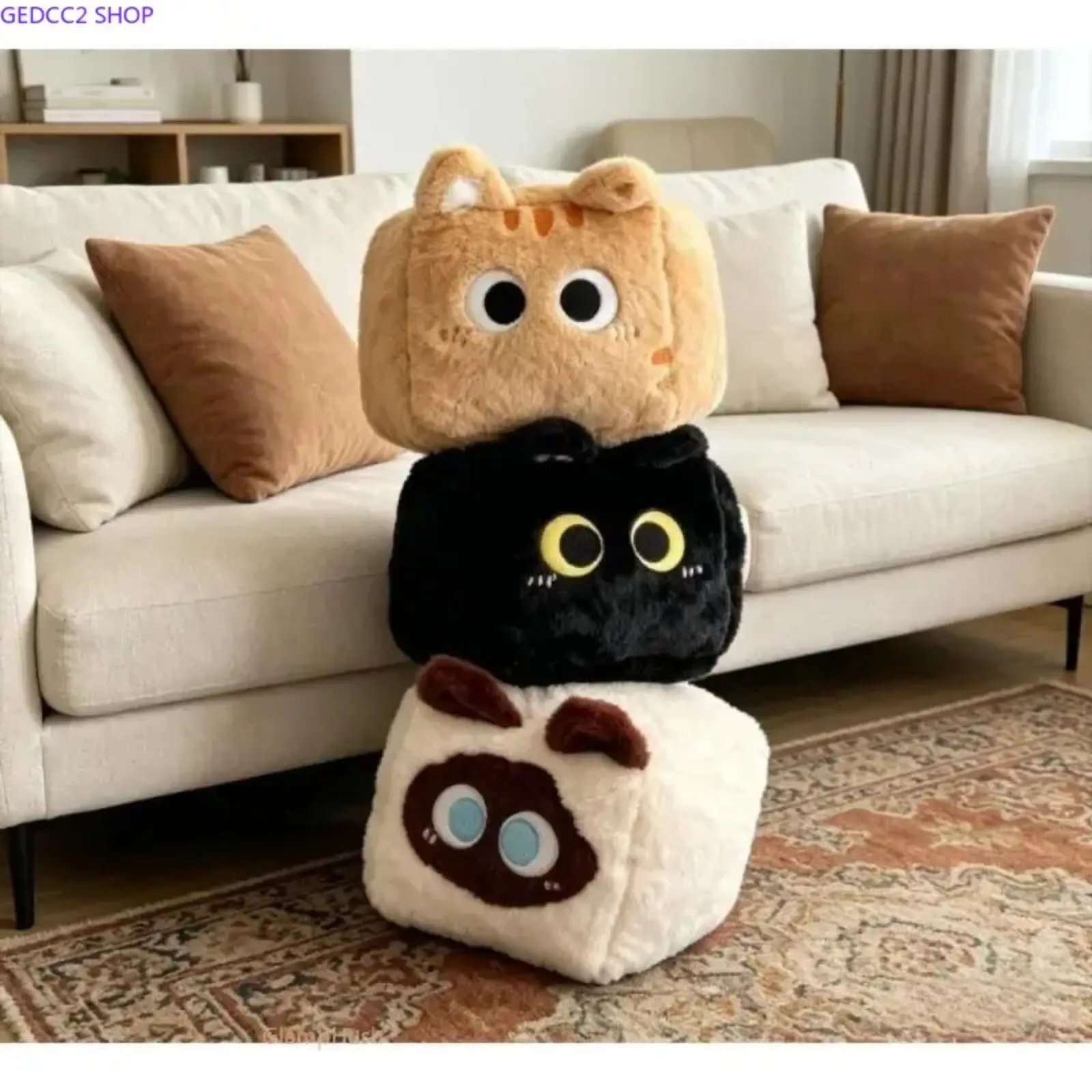 Cute Cat Plush Cube Pillow, Soft Fluffy Throw Cushion for Bedroom, Dorm Room & Office Decor, Cozy Home Accessory Gift for Cat Lovers