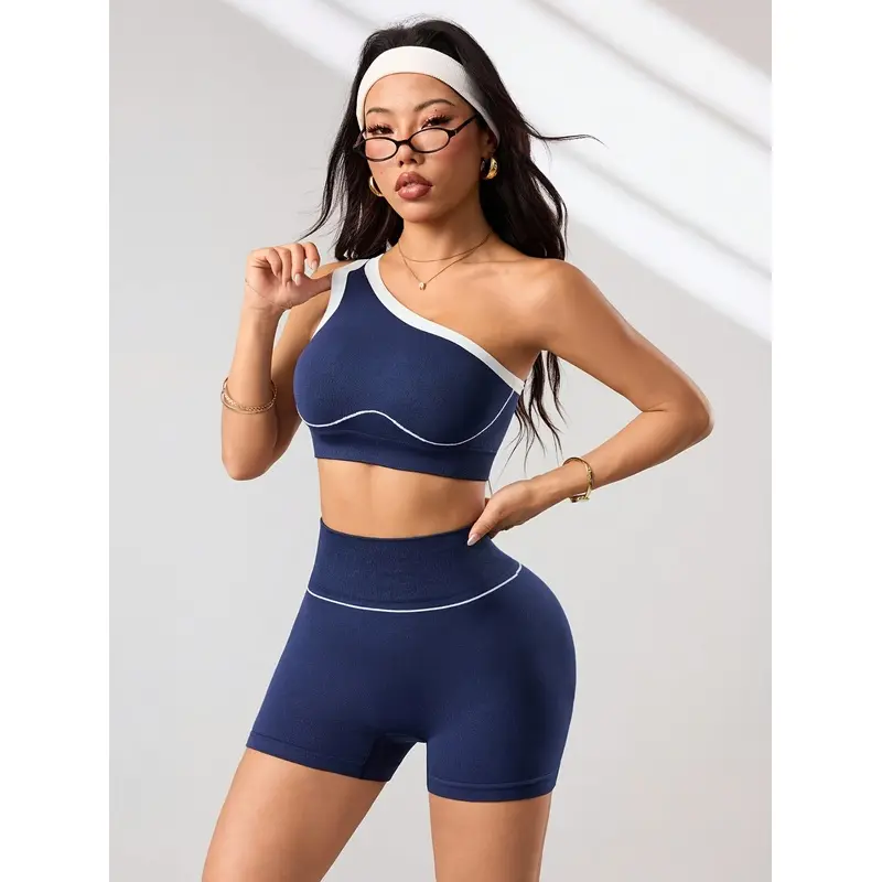 Women's 2-Piece Single Shoulder Sports Set - 195G Short Length Polyamide Blend, Color-Blocking Lines, Fitted Tank Tops, High-Stretch Elastic High-Waist Yoga Leggings, Suitable for Workout Running, Casual Wear