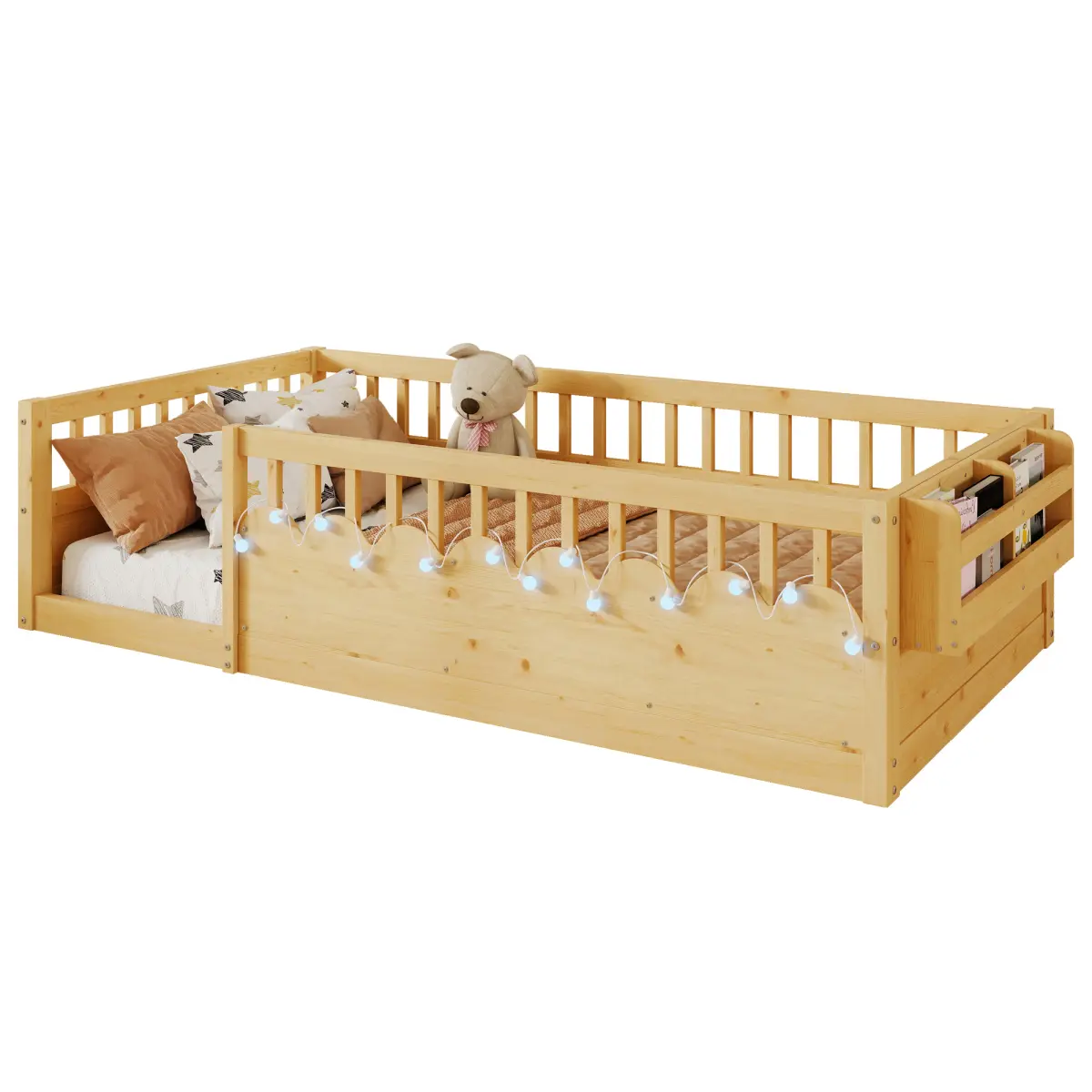 Montessori Toddler Floor Bed, Natural Pine Twin Kids Bed with Rails, 78.5x41.4x19.7in Low-to-Ground Design, DIY LED Light, Reversible Side Storage Shelf, No Slats, Fits 6in Mattress, Montessori Floor Beds