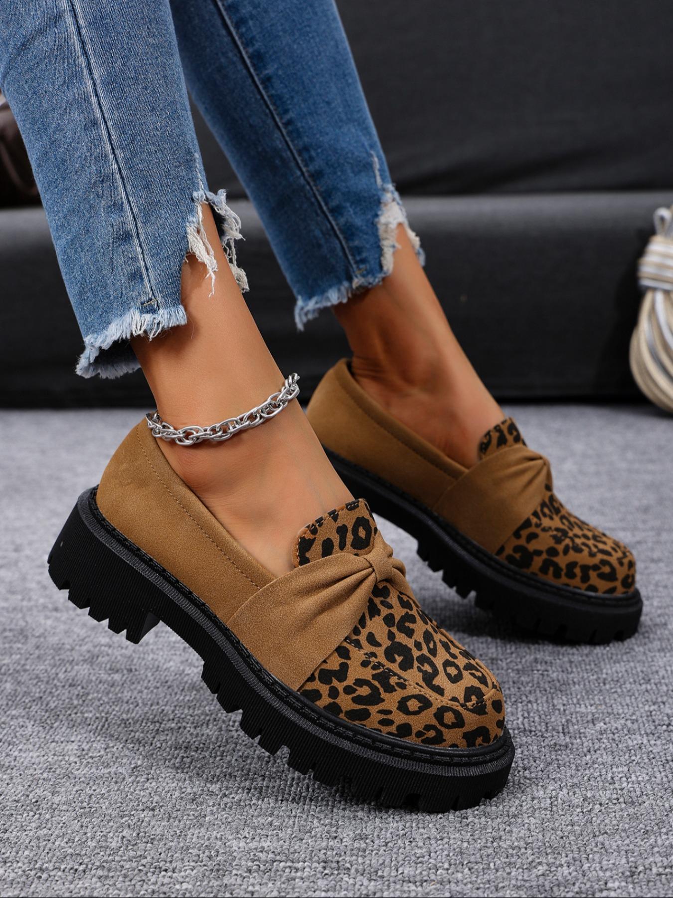 Women's Fashion Leopard Print Bowknot Design PU Leather Loafers, Casual Comfortable Slip on Shoes for Daily Wear, Lightweight Breathable Shoes for All Seasons