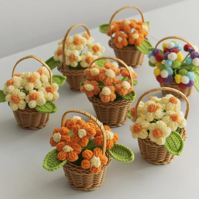 Knitted Artificial Flower Potted Plant - Handmade Mini Blue Crochet Puff Floral Decor, Romantic Colorful Decorative Desktop Ornament for Home Tabletop Accessory, Cute, Crochet Puff Flower, Set Of 4, Handmade Puff