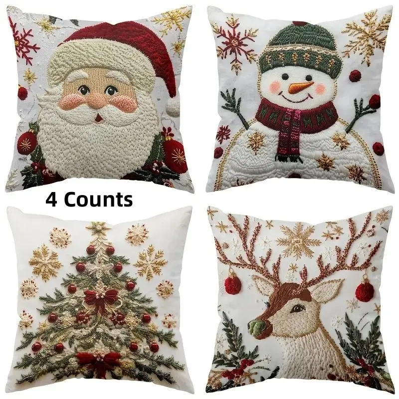 4 Counts Holiday Christmas Pillowcase - Santa Claus, Snowman, Deer, and Tree Design, Non Realistic Embroidery, Polyester, Machine Washed, Zippered Closure, Perfect for Living Room and Sofa Decoration, Sofa Decoration | Holiday Theme | Zippered Pillowcase