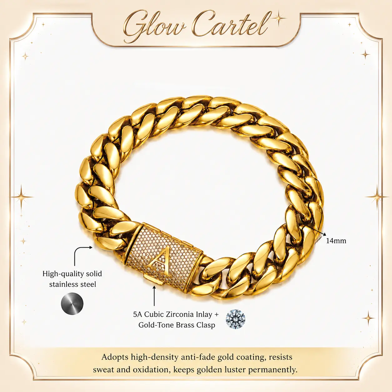 Luxury Gold Stainless Steel Miami Cuban Link Bracelet, 14MM Thick Cuban Chain with A-Z CZ Initial Clasp - Men's Accessories, Beach Essentials, Chains for Men, Hip Hop Punk Gothic Style, Non-Fading Fashion Jewelry for     Adjustable Heart Rate    symbolic