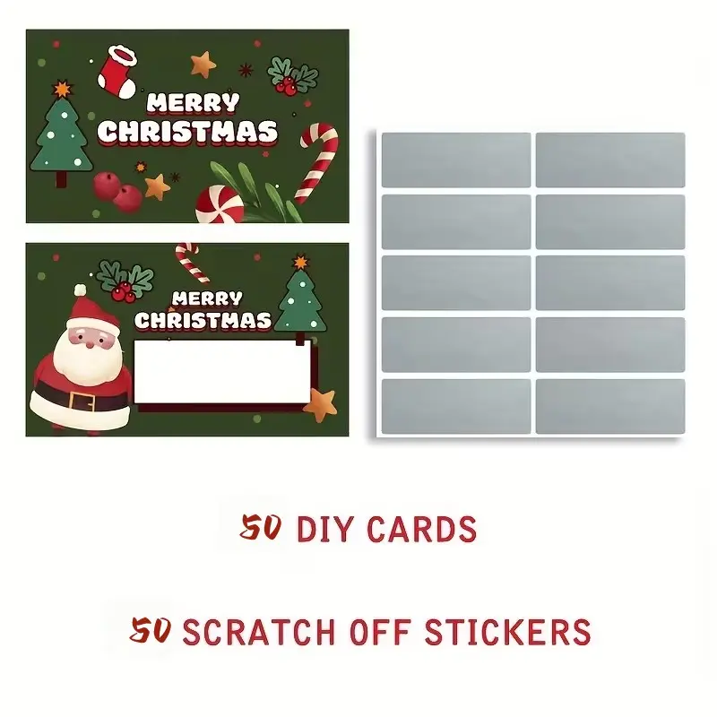 50 Christmas Scratch Cards with Santa and Tree Design, DIY Holiday Gifts and Prizes, Interactive Party Game for Friends and Family