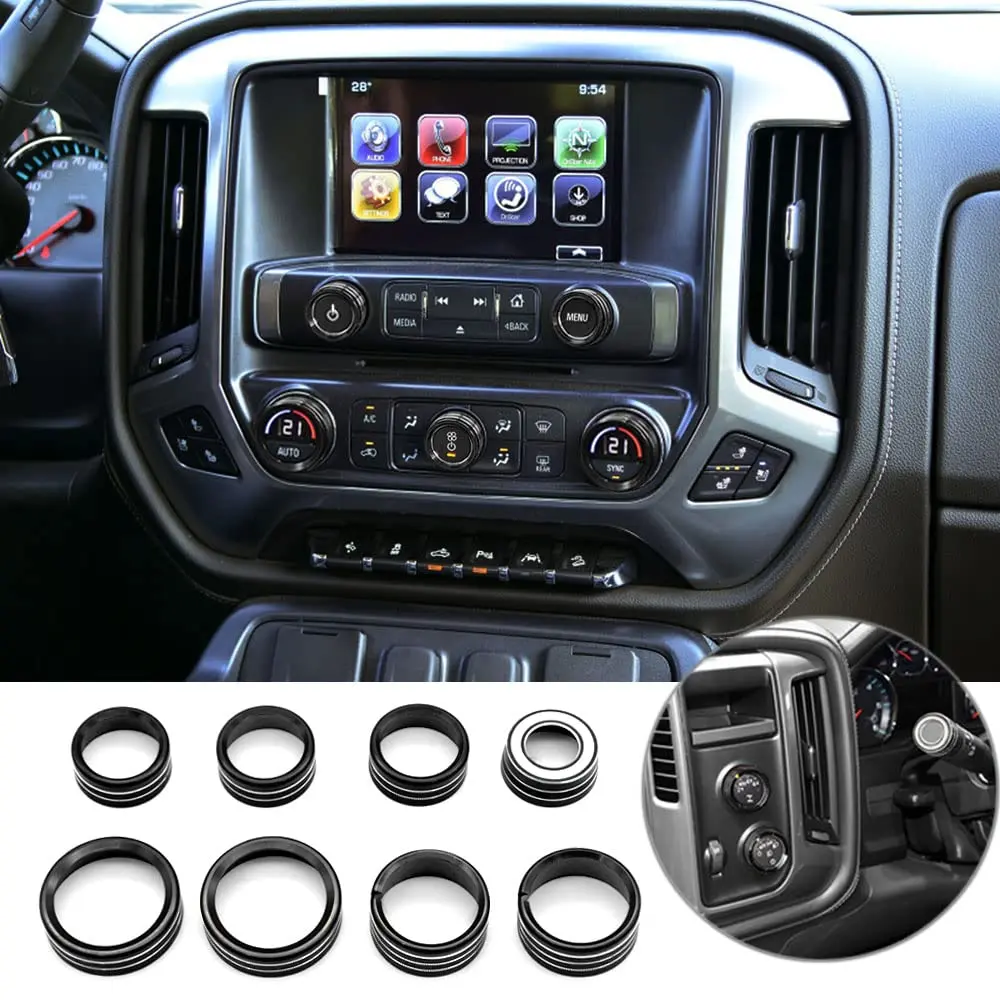 AC Radio Knob Cover Compatible with Chevrolet Chevy Silverado & GMC Sierra 2014-2018 Dash Menu Auto Climate Control Volume Turn Signal 4WD Light Switch Knob Button Cover Trim Ring (Black)