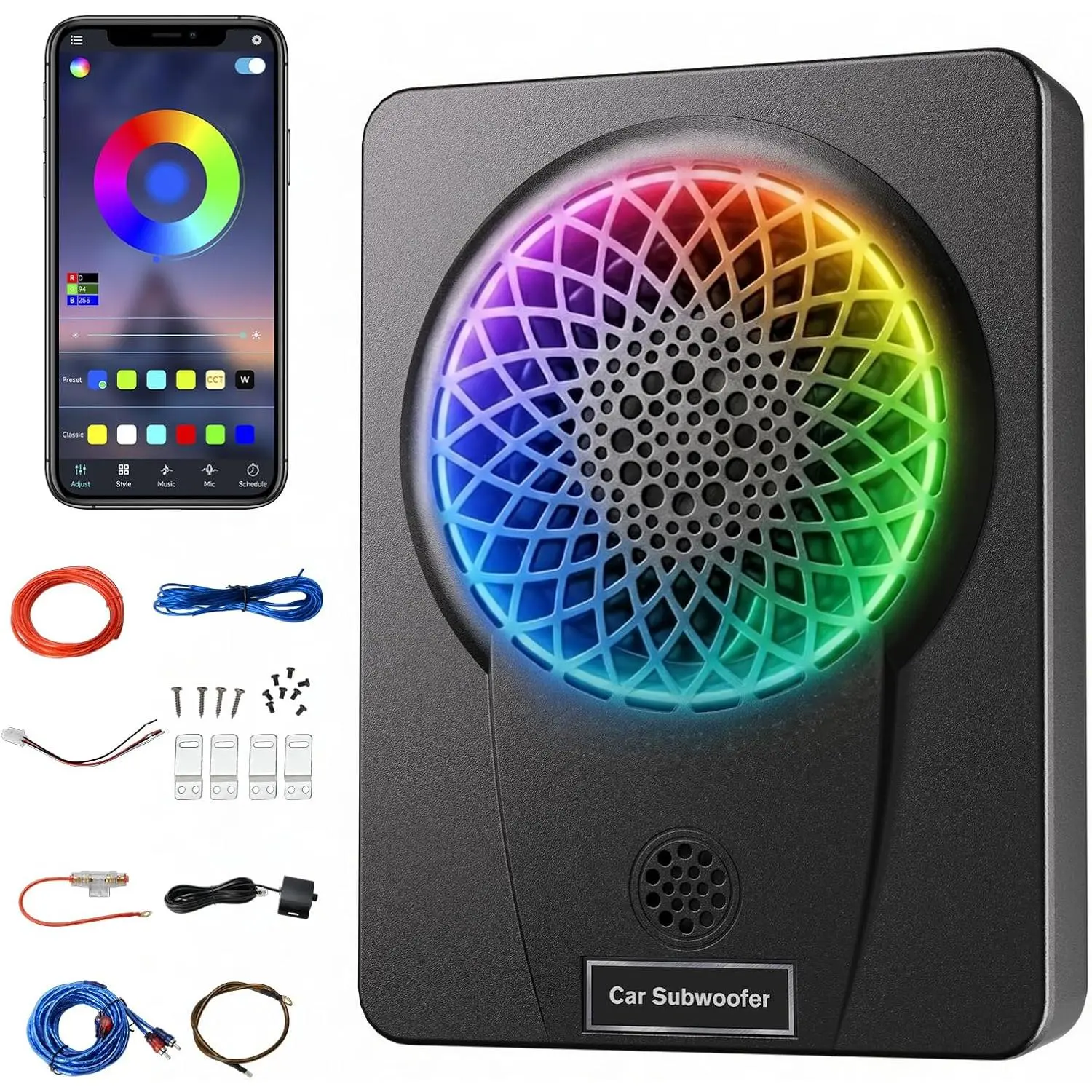 1200W 10-in Ultra-Thin Underseat Car Subwoofer Amplifier Package - High/Low Level Inputs, Colorful LED Breathing Light, Remote Control, Enhanced Bass for Car, Truck