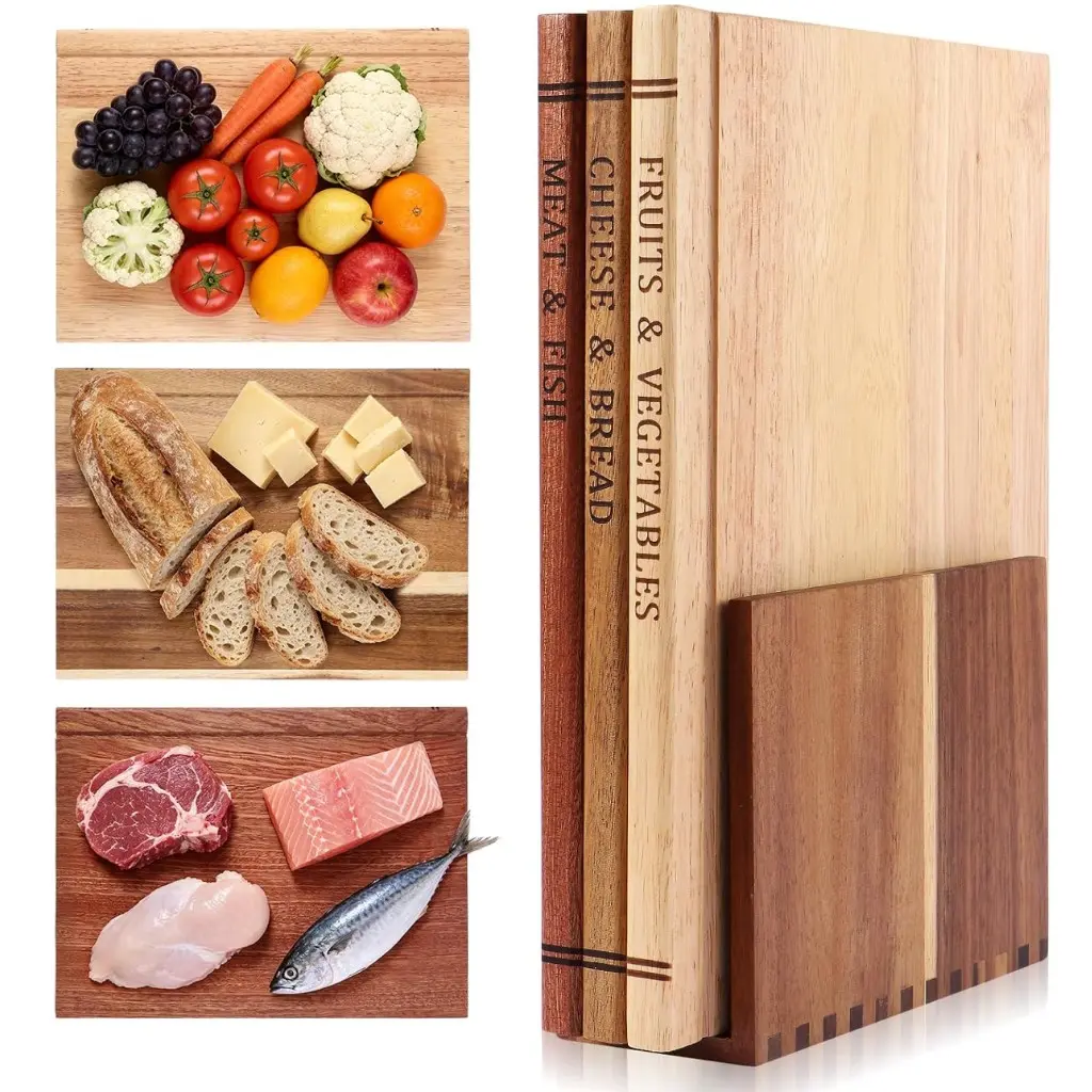 Wooden Cutting Board Set 3-Piece with Base, Book-Shaped Design, Ideal for Fruits Vegetables Meat Fish Bread Cheese Prep